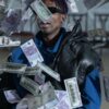 A stylish man with a leather jacket and sunglasses surrounded by floating currency notes.