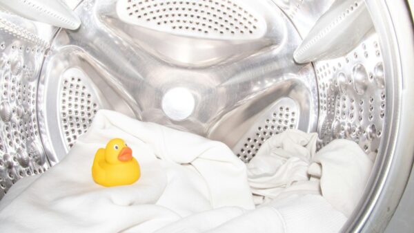 a rubber ducky toy sitting inside of a washing machine