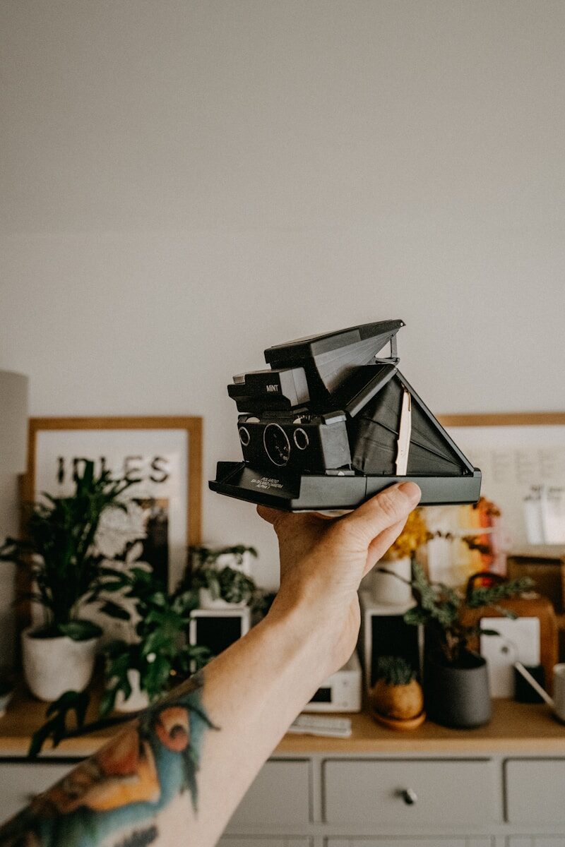 person holding black and gray camera