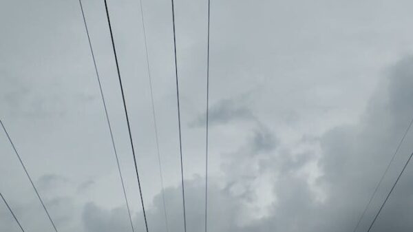 From below power line with poles and wires against gray cloudy sky at dusk