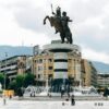 Monument of Alexander the Great in central Skopje, showcasing urban design.