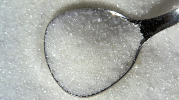 Detailed macro shot of white sugar crystals on a reflective spoon.