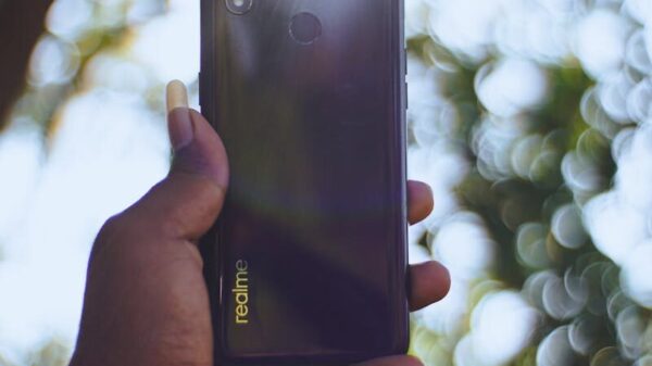 Close-up of hand holding smartphone with sunlight and blurred bokeh background, emphasizing technology in nature.