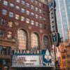 Vertical shot of the iconic Paramount Theater exterior showcasing its architectural beauty.