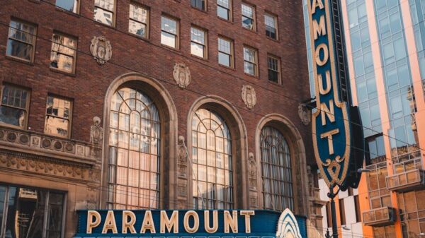 Vertical shot of the iconic Paramount Theater exterior showcasing its architectural beauty.