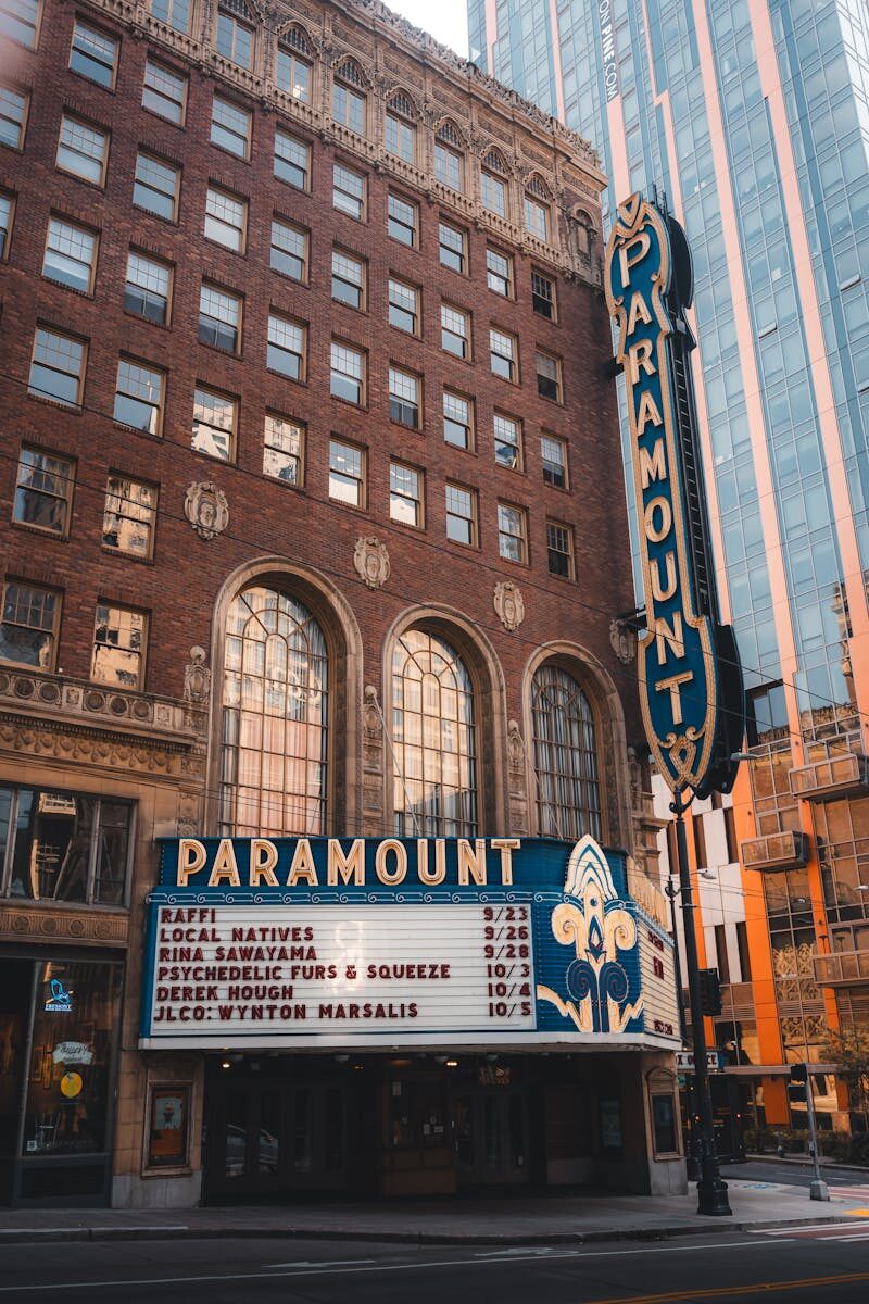 Vertical shot of the iconic Paramount Theater exterior showcasing its architectural beauty.