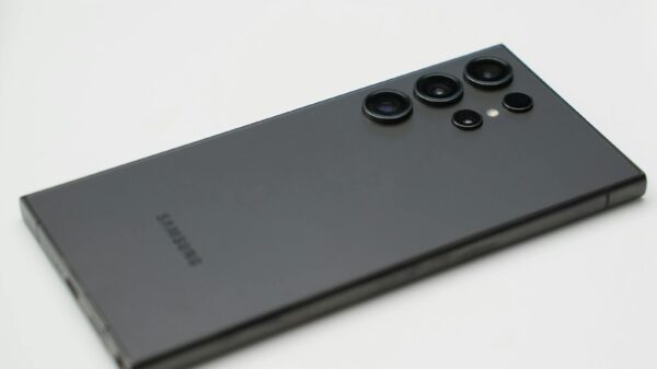 Detailed close-up shot of a sleek Samsung smartphone highlighting its advanced camera lenses.