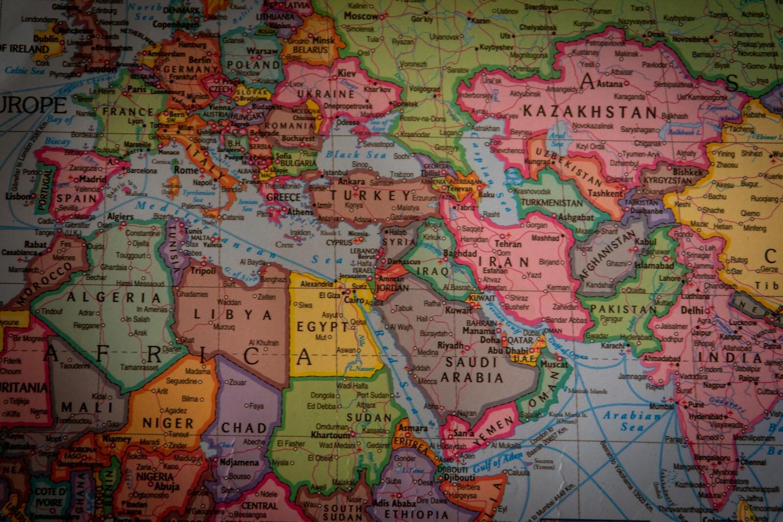 Detailed political map showing Europe and Asia with countries and capitals.