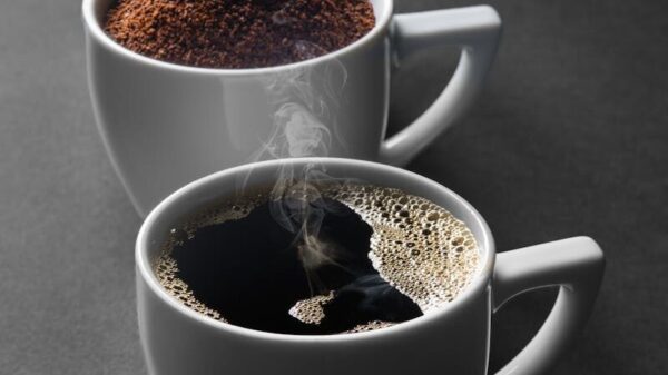 A journey of coffee from beans to a fresh brew in three cups, highlighting the stages of preparation.