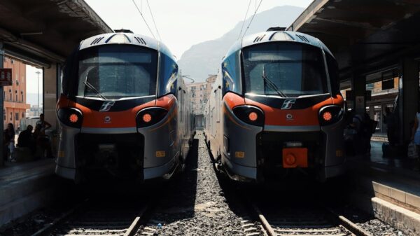 Two modern trains at Palermo station in Sicily, Italy.