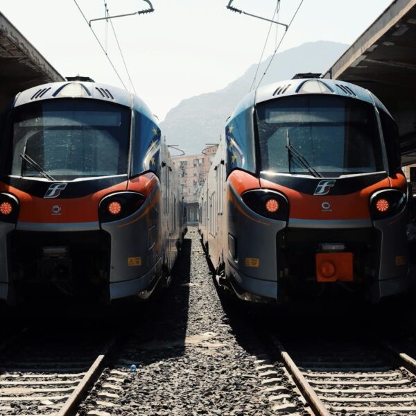 Two modern trains at Palermo station in Sicily, Italy.