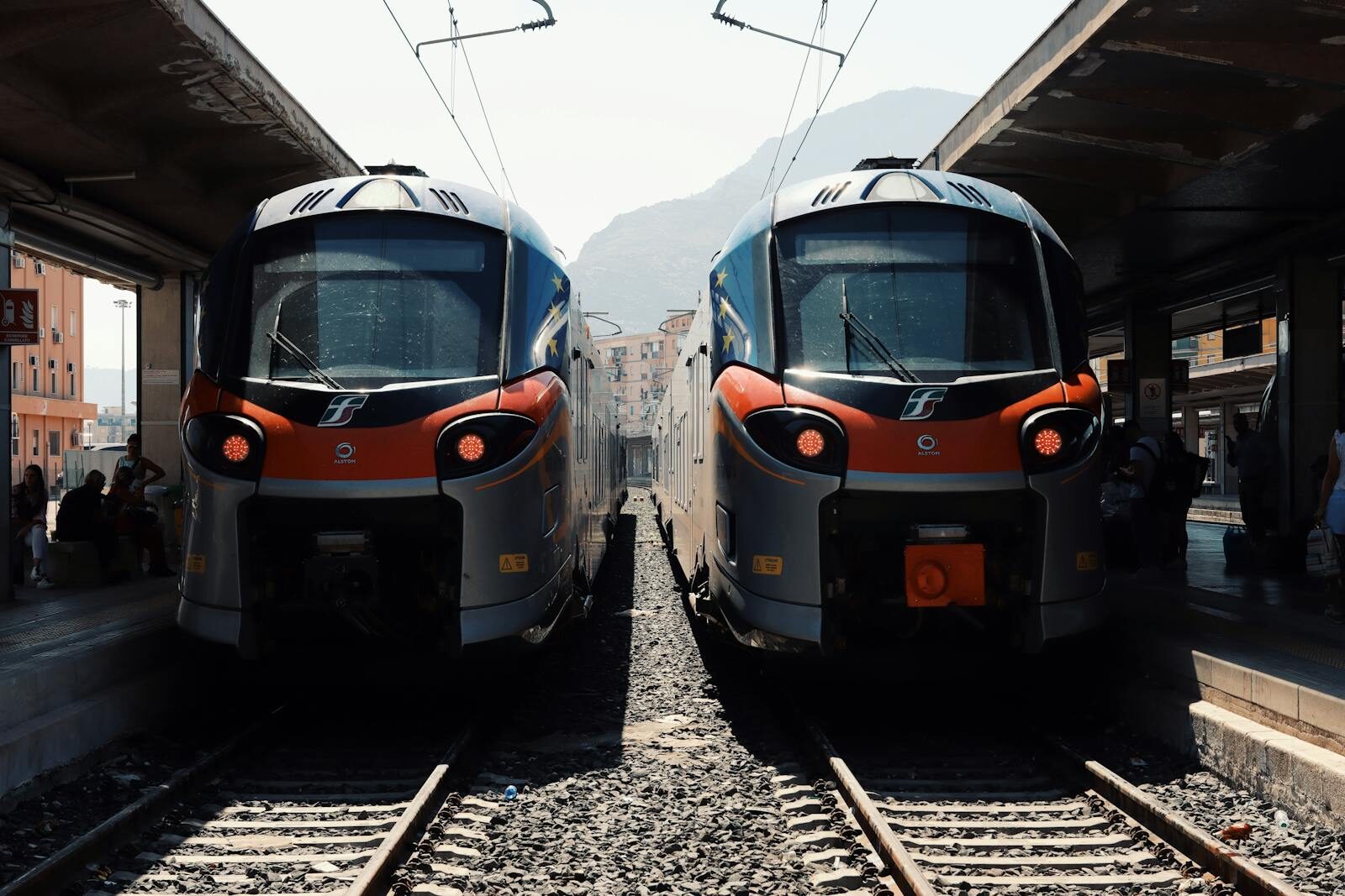 Two modern trains at Palermo station in Sicily, Italy.