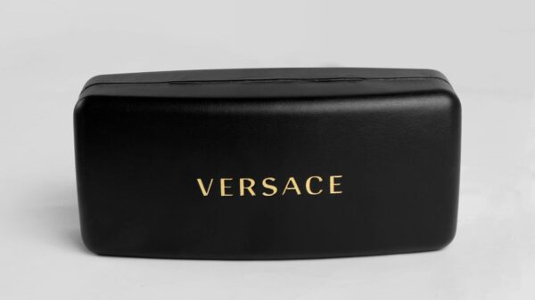Sleek and luxurious black eyeglass case featuring the elegant Versace logo.