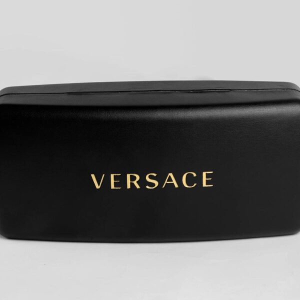 Sleek and luxurious black eyeglass case featuring the elegant Versace logo.