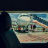 Airplane viewed from a car, parked on the tarmac at an airport with crew working nearby.