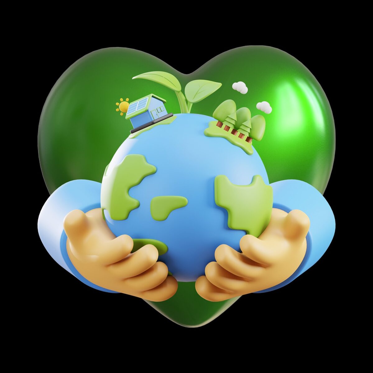 environment, environmental protection, environmentally friendly, energy transition, alternative energies, natural reserve, globe, earth, heart, green, hands, renewable energies, 3d