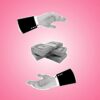 Creative cut out paper composition of hands around pile of dollar banknotes for credit on pink background