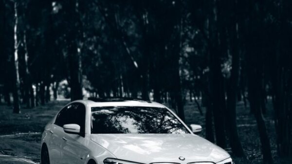 A stylish white BMW car driving through a serene forest path.