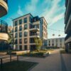Modern apartment complex under clear blue skies, showcasing contemporary architecture and urban living.