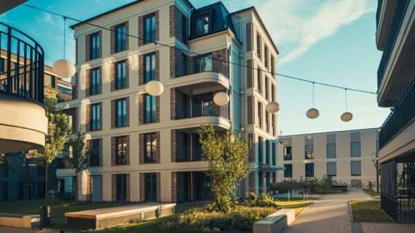 Modern apartment complex under clear blue skies, showcasing contemporary architecture and urban living.