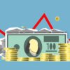 Cutout paper composition of dollar bills between pile of coins and financial stocks with curved diagram