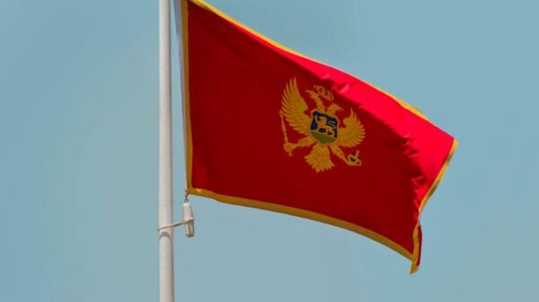 Vertical shot of the Montenegro flag waving against a clear sky in Podgorica.