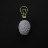Gray brain with light bulb symbol on black background representing intelligence and creativity.