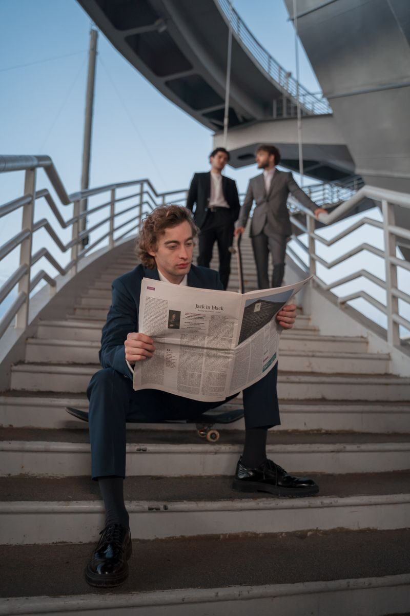 Young professionals in suits, one reading a newspaper on stairs outdoors.