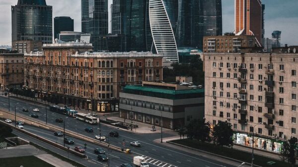 View of Moscow's modern skyscrapers and busy urban streets.
