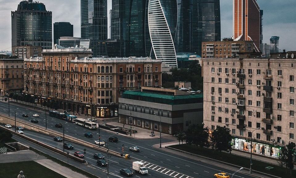 View of Moscow's modern skyscrapers and busy urban streets.
