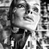 Monochrome close-up of a humanoid head with wiring, blending art and technology.