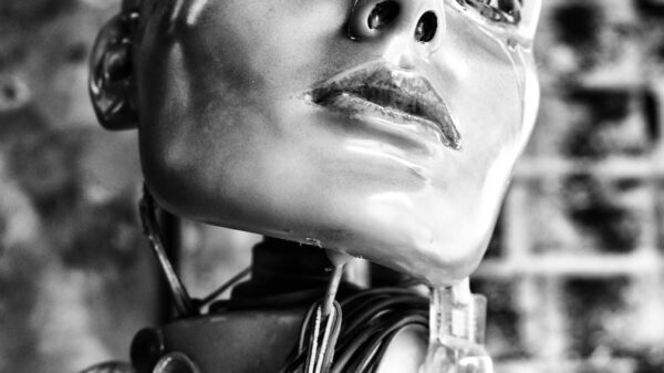 Monochrome close-up of a humanoid head with wiring, blending art and technology.