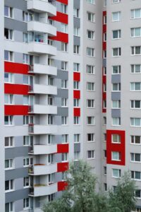 prefabricated buildings, block of flats, house, housing estate, windows, balconies, a tree