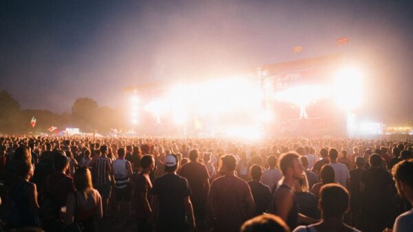 A lively music festival in Budapest with a large crowd enjoying bright stage lights at night.