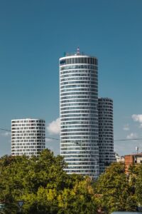 Impressive view of modern skyscrapers contrasting with greenery in downtown Belgrade, Serbia.