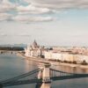 Aerial view of Budapest's Chain Bridge over the Danube River with the Parliament building.