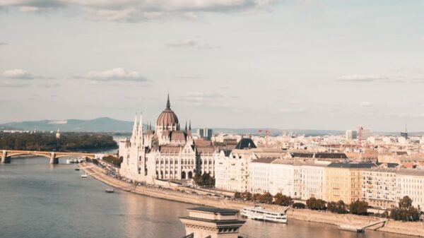 Aerial view of Budapest's Chain Bridge over the Danube River with the Parliament building.