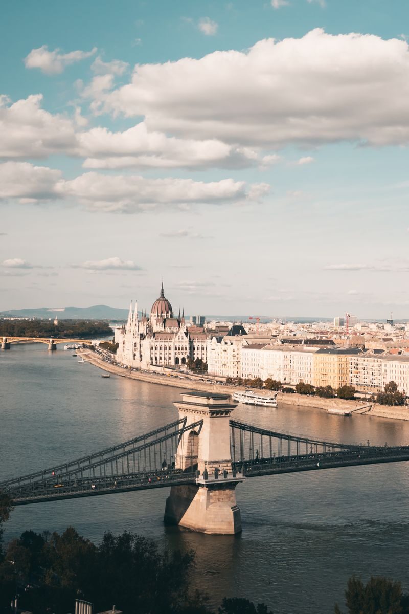 Aerial view of Budapest's Chain Bridge over the Danube River with the Parliament building.
