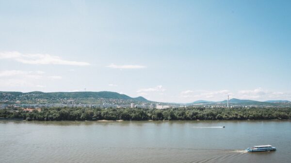 A serene view of the Danube River with a distant panorama of Budapest, Hungary.