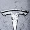 Metallic Tesla logo covered in raindrops, showcasing sleek design.