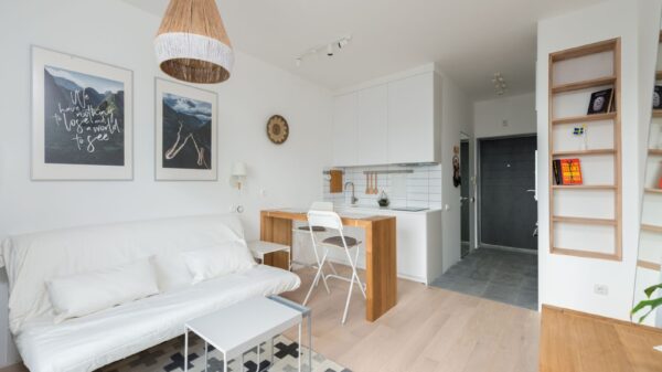 Comfortable couch with cushions placed in modern living room near kitchen zone with wooden counter and chairs