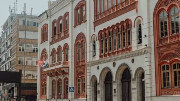 Elegant historic university facade in the urban streets of Belgrade, Serbia.