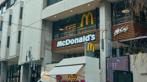 Street view of a modern McDonald's location in a busy urban area, Ljubljana, Slovenia.