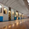 A sleek subway train at a modern urban metro station showcasing public transportation.