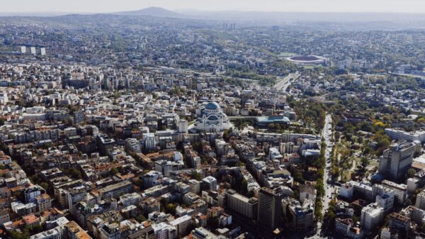 Aerial shot of Belgrade cityscape featuring the iconic St. Sava Temple, Serbia.
