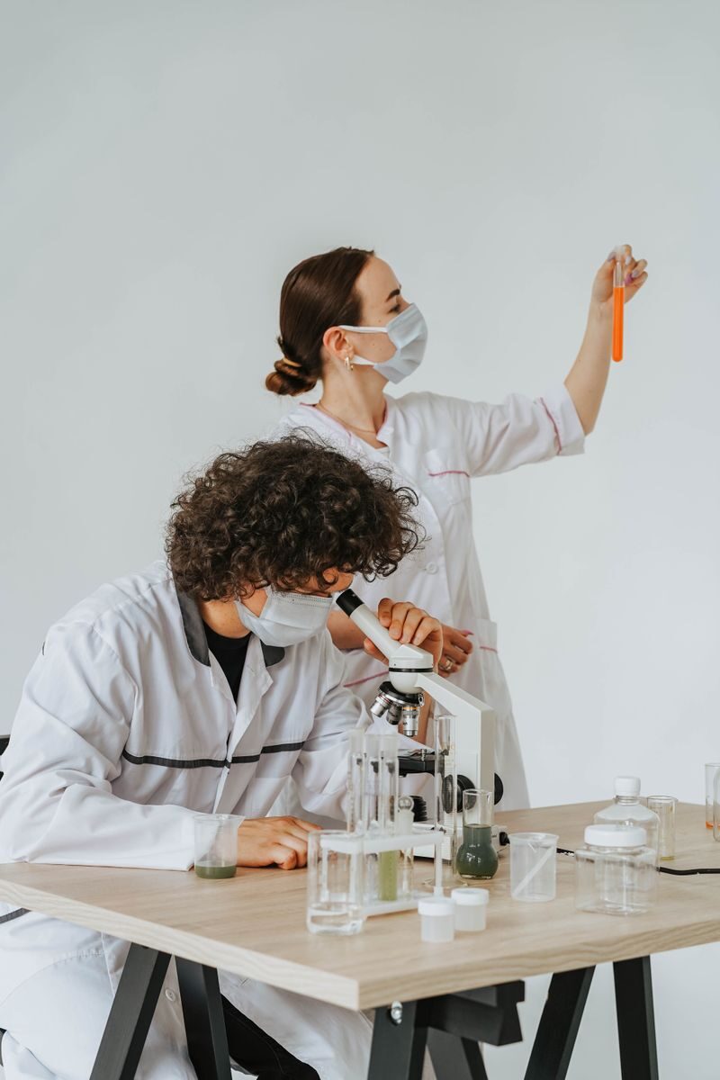 Two scientists in protective gear working on a laboratory experiment with glassware and a microscope.