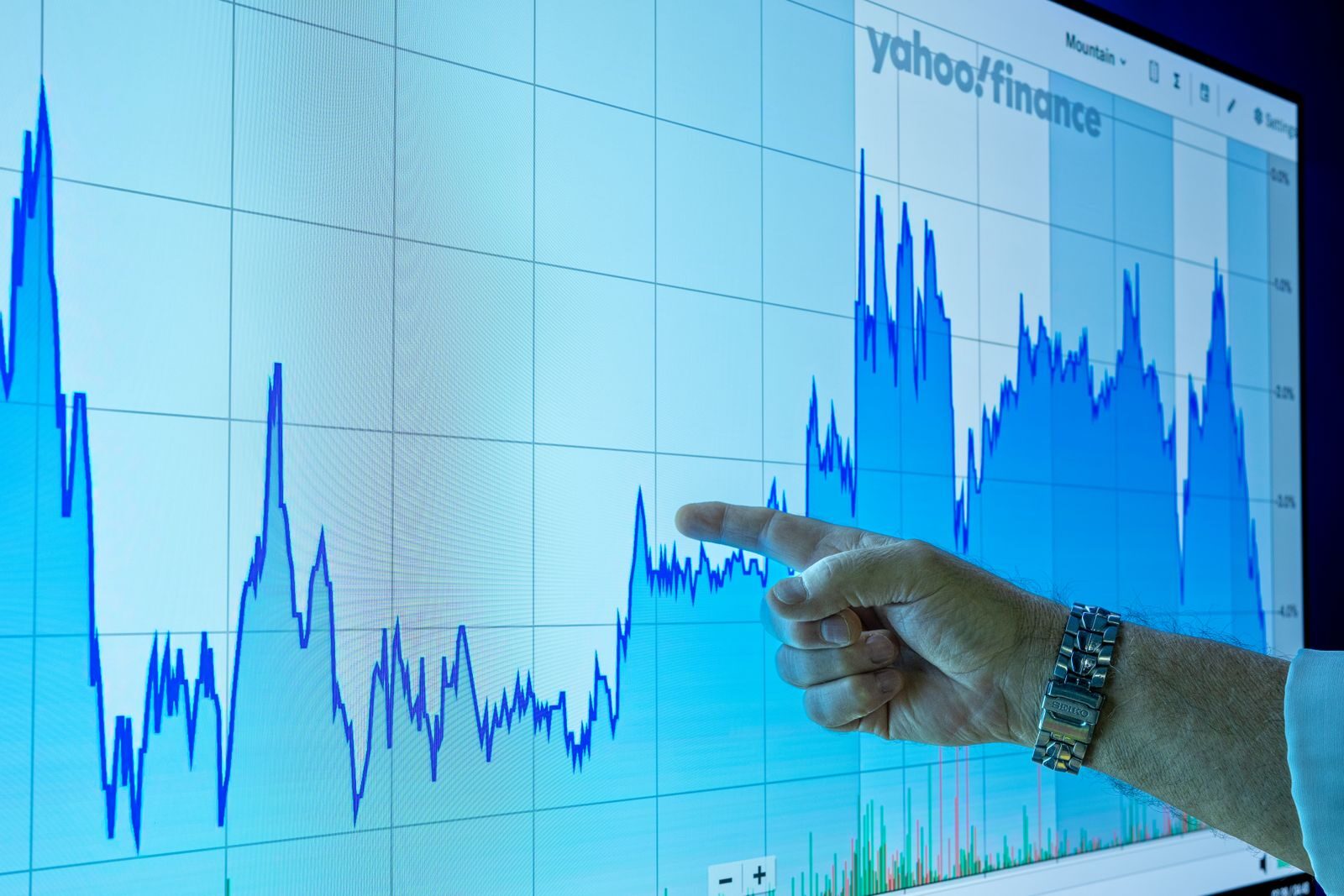 A hand points to a financial graph on a large screen, indicating market trends.