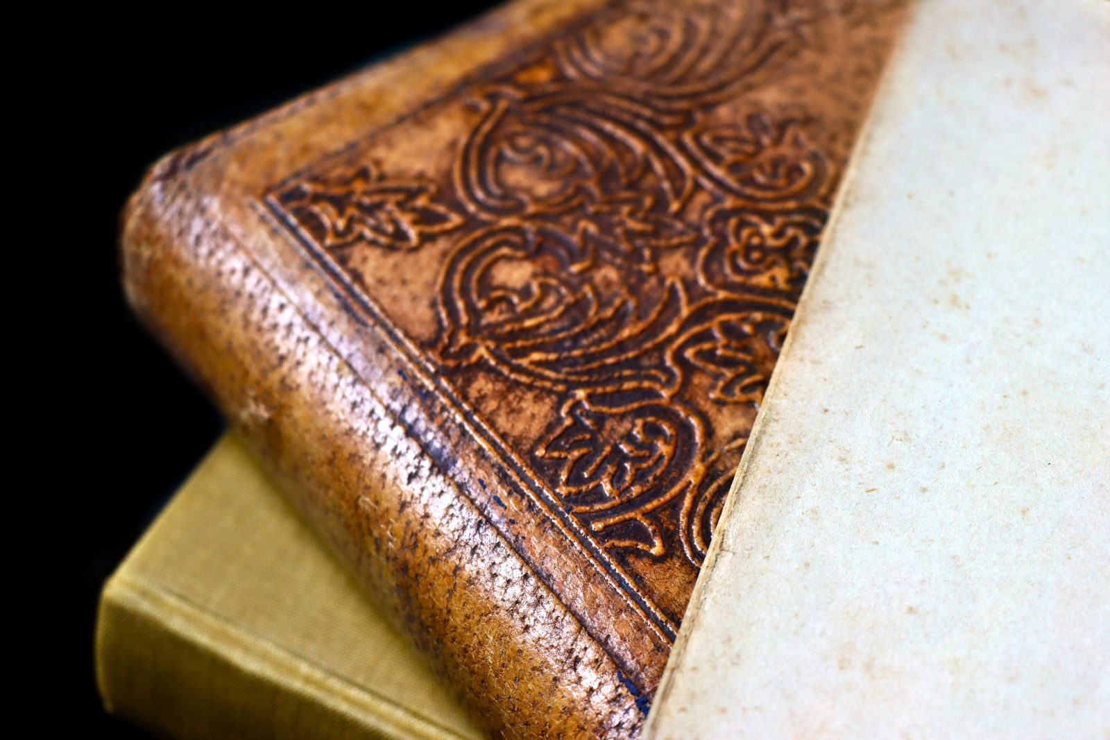 Detailed close-up of an antique leather bound book with ornate engraving and aged paper.