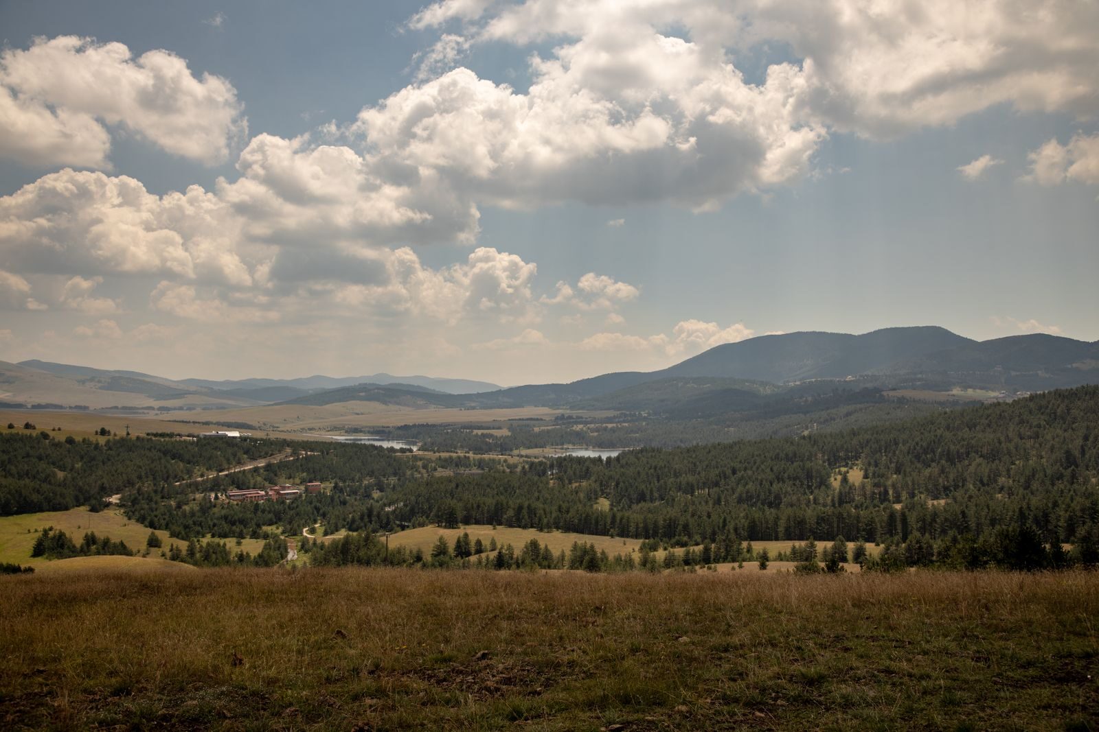 Captivating landscape of Zlatibor, Serbia with lush valleys and rolling hills under a cloudy sky.