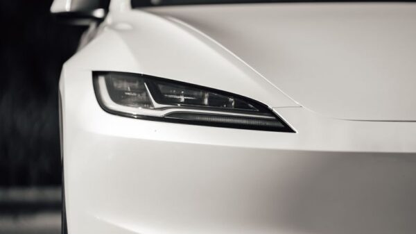 Close-up of a modern white electric car's sleek front design outdoors.